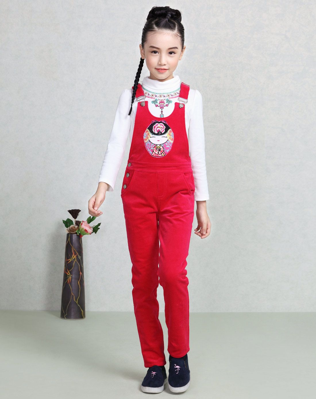 女童玫红背带裤