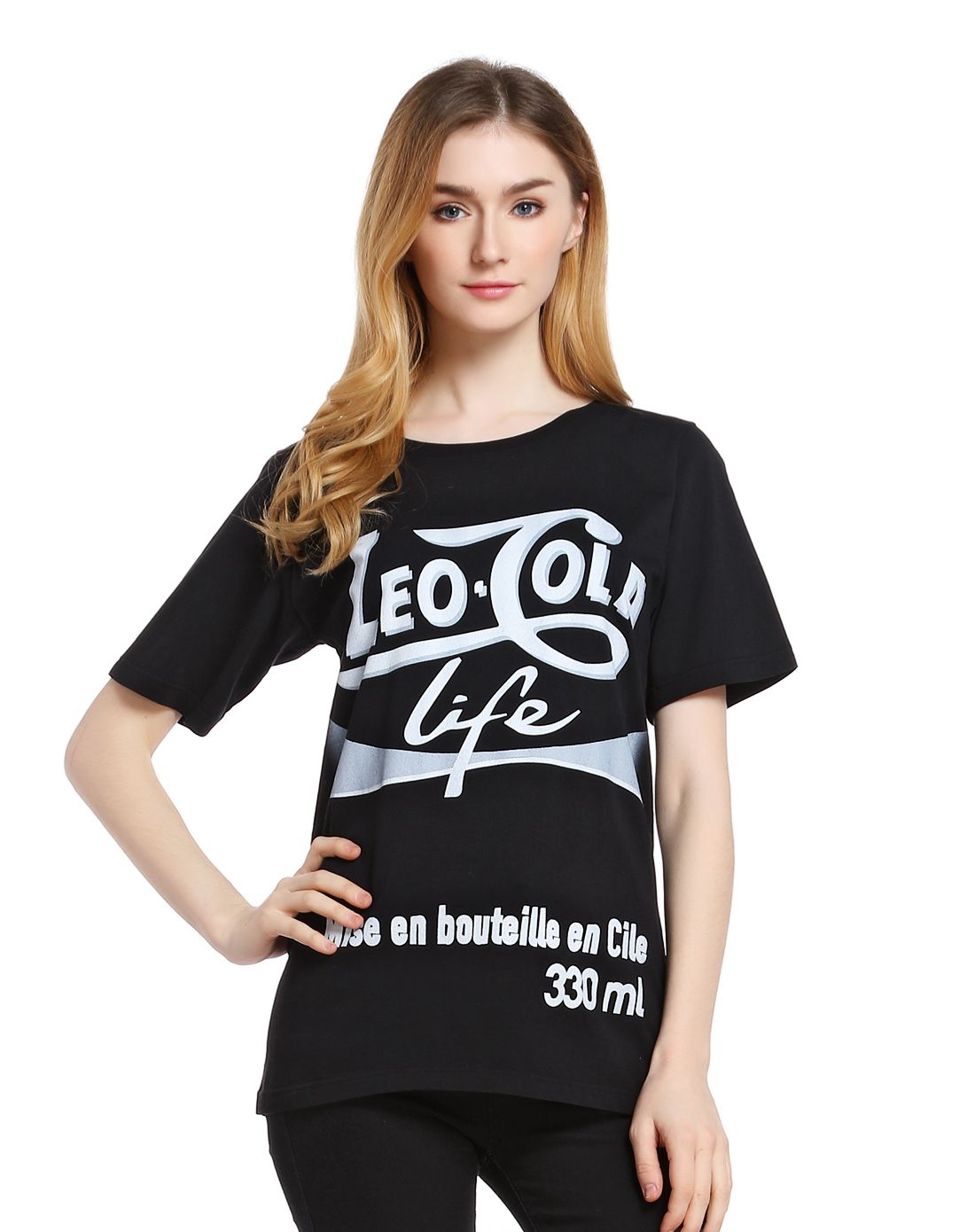 leo studio design女款黑色胶印纯棉t恤