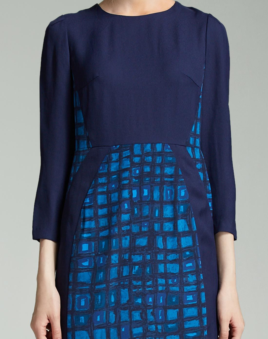 深蓝色文艺格纹拼接九分袖连衣裙