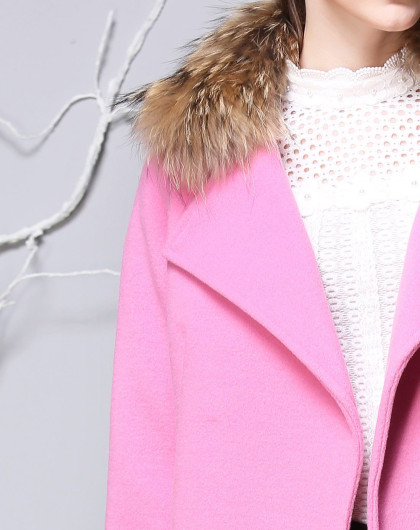 梅粉色可拆卸真貉子毛领夹棉加厚毛呢外套