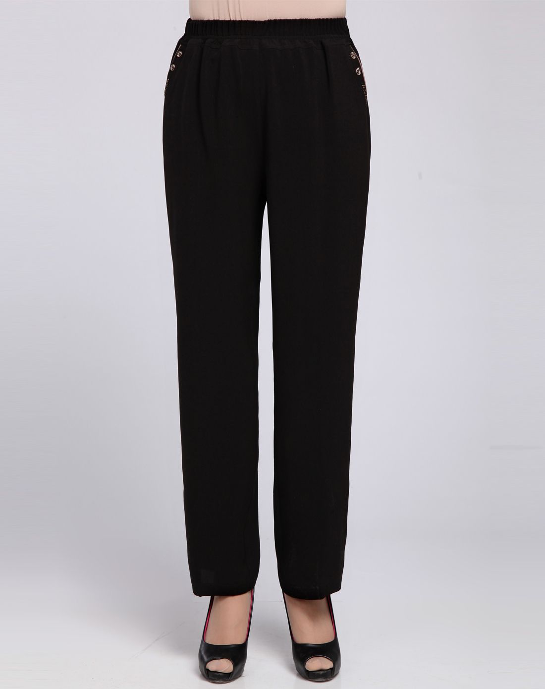 女款黑色简约素板松紧腰休闲裤