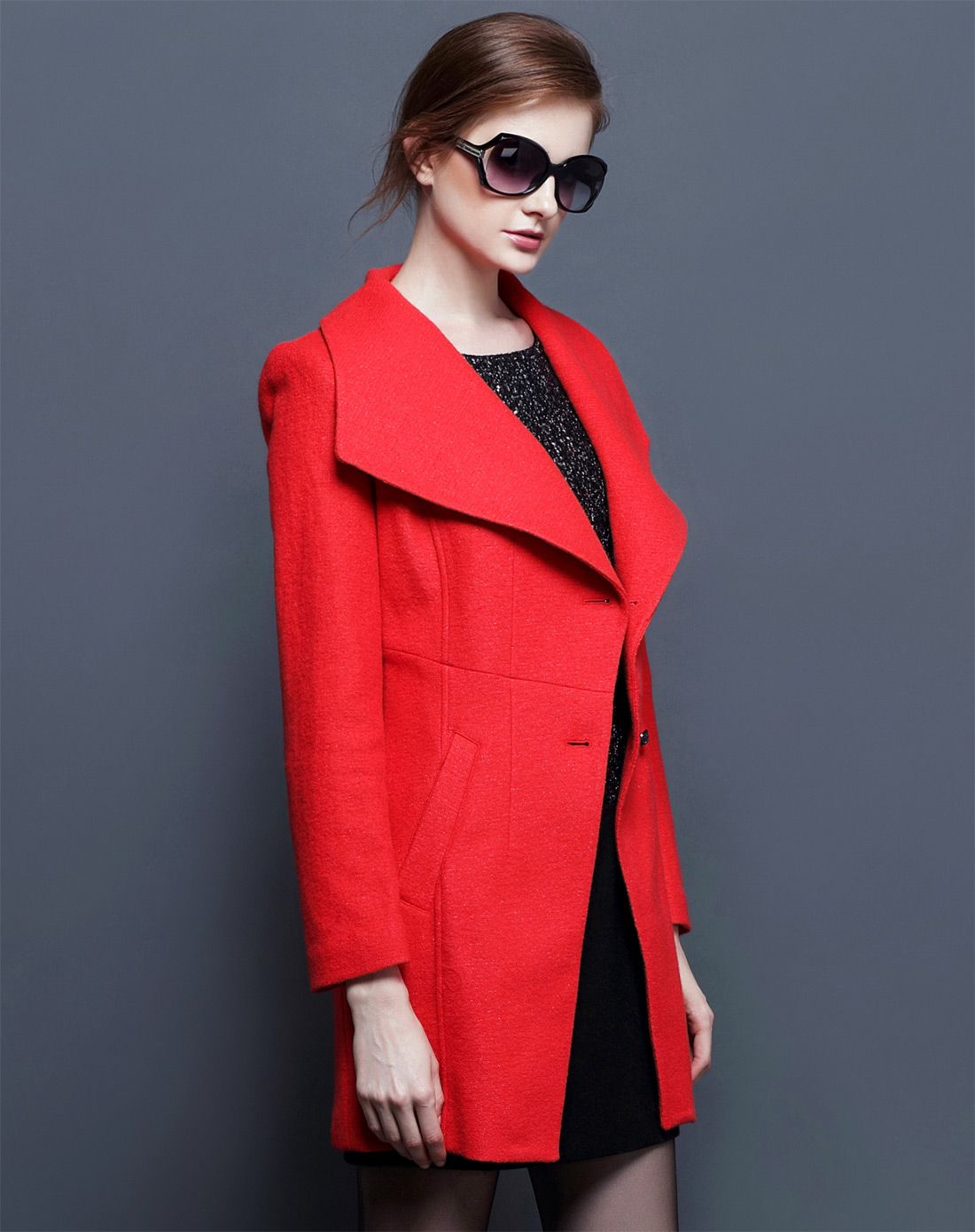 bblluuee color女装胭脂红长大衣