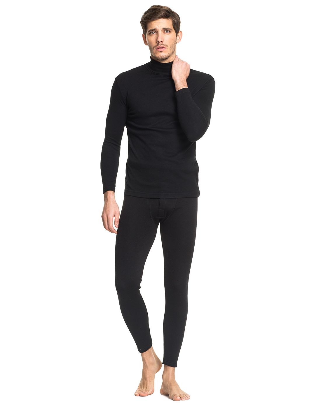 男黑舒木尔刷绒高领长袖打底衫