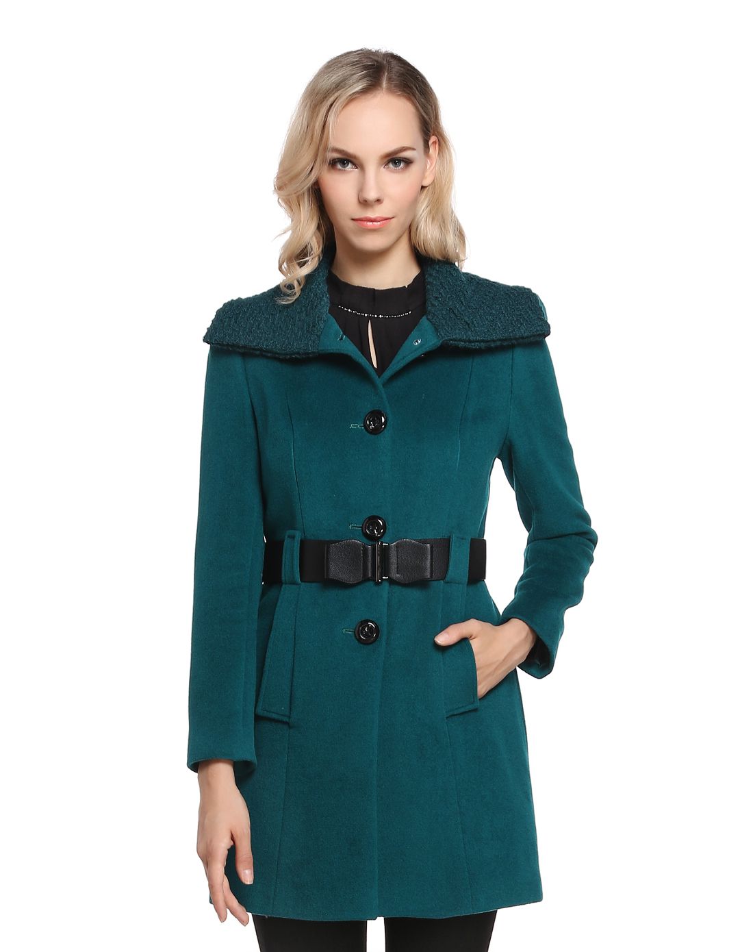 女青绿色翻领ol摩登日装羊毛混纺大衣