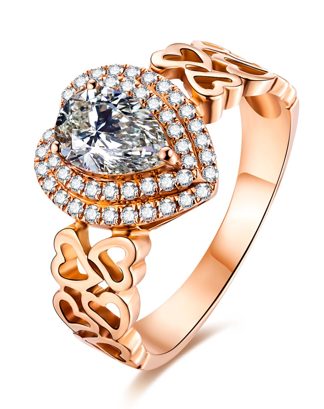 周六福 1.28克拉玫瑰金18k金豪华群镶钻石戒指