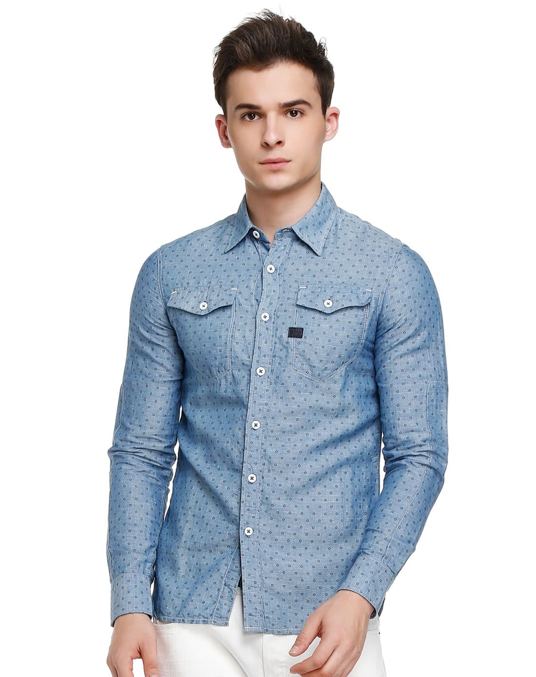 蓝色时尚波点长袖牛仔衬衫