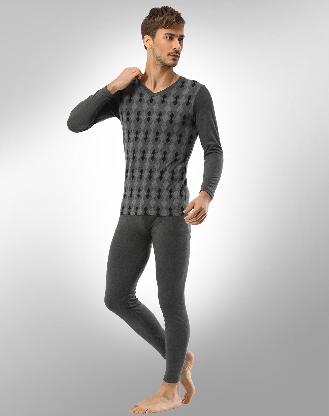 梦特娇男装v领双色提花色拉姆内衣套装麻灰