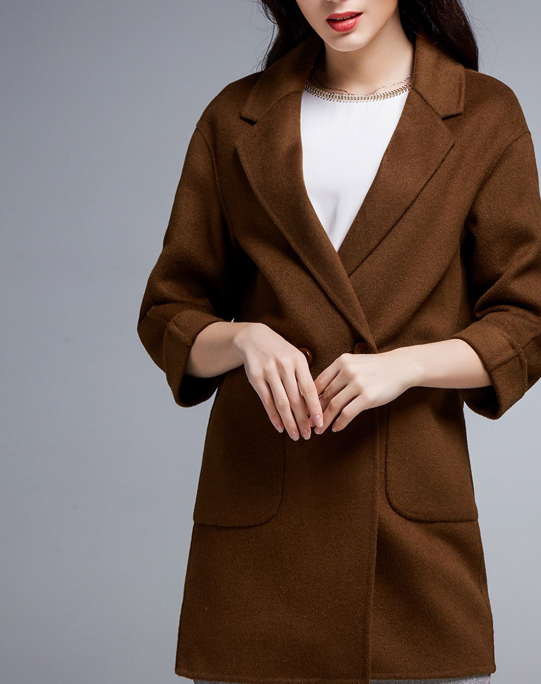 咖啡色欧美休闲双面羊毛呢中长款大衣