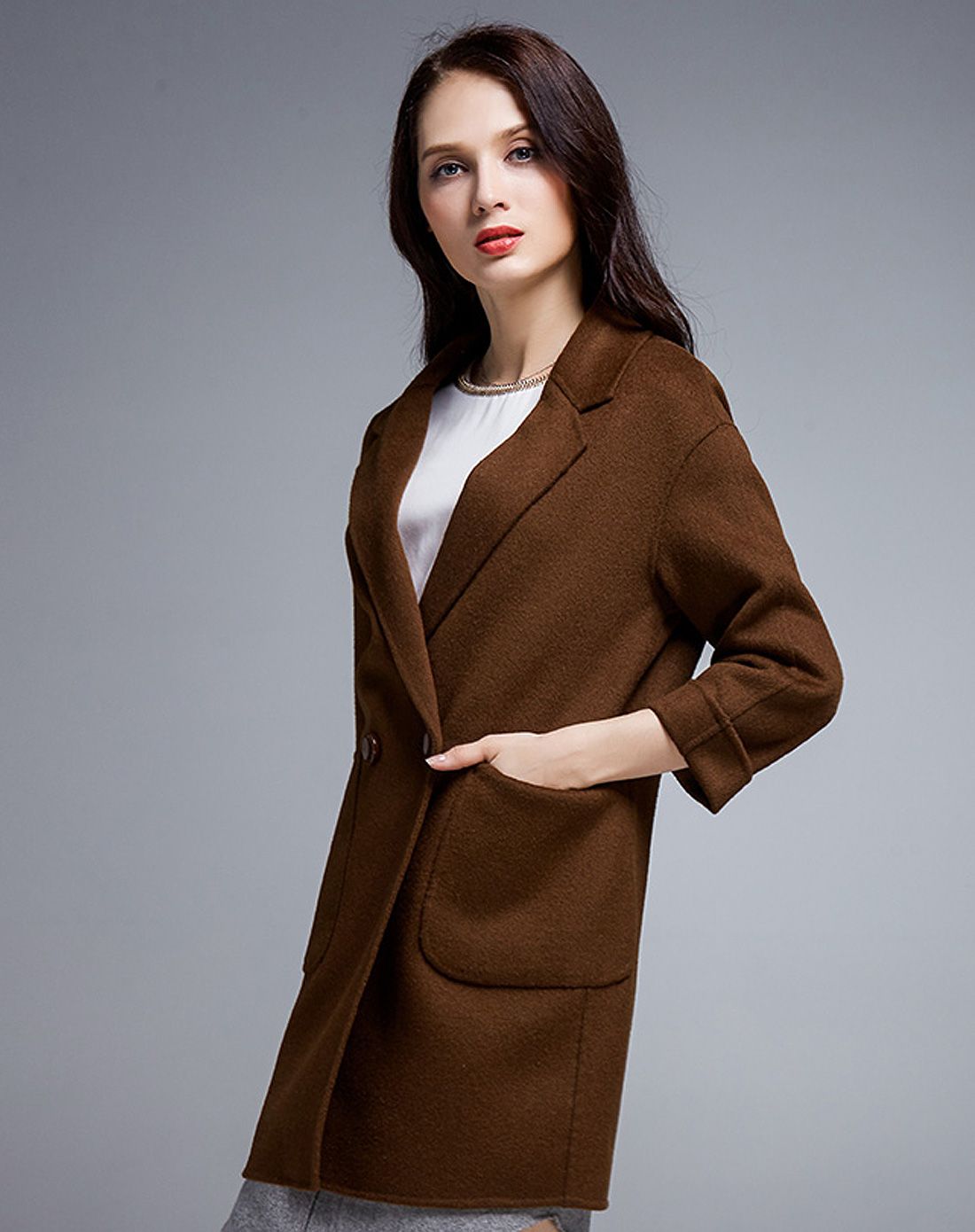 咖啡色欧美休闲双面羊毛呢中长款大衣