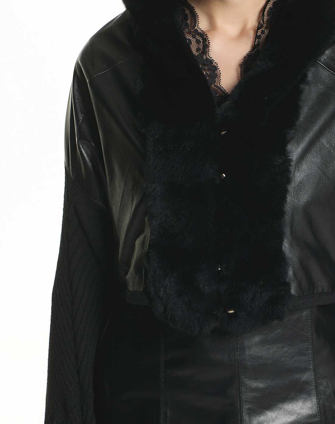 斯尔丽sierli皮草男女黑色拼料短款时尚长袖皮衣1d009880_唯品会