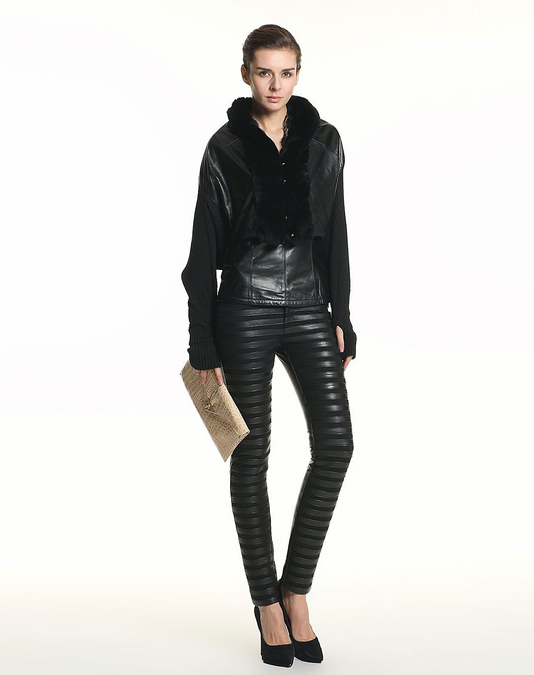 斯尔丽sierli皮草男女黑色拼料短款时尚长袖皮衣1d009880_唯品会