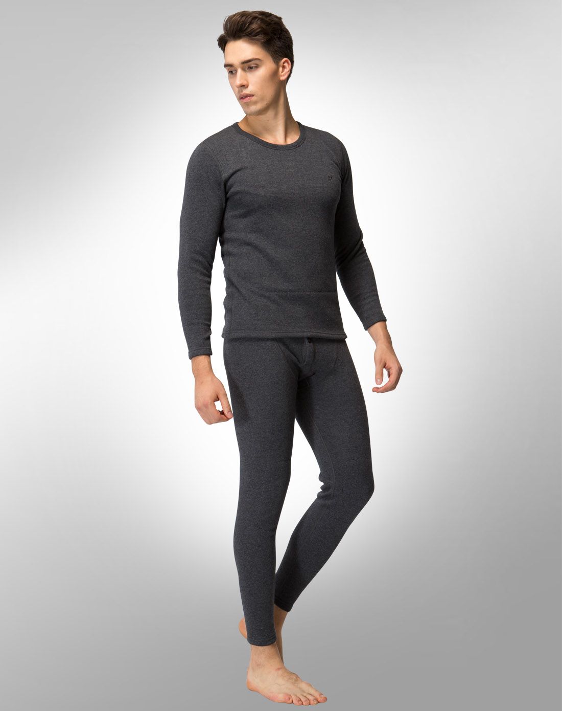 梦特娇男装圆领黄金护背双层内衣套装深灰