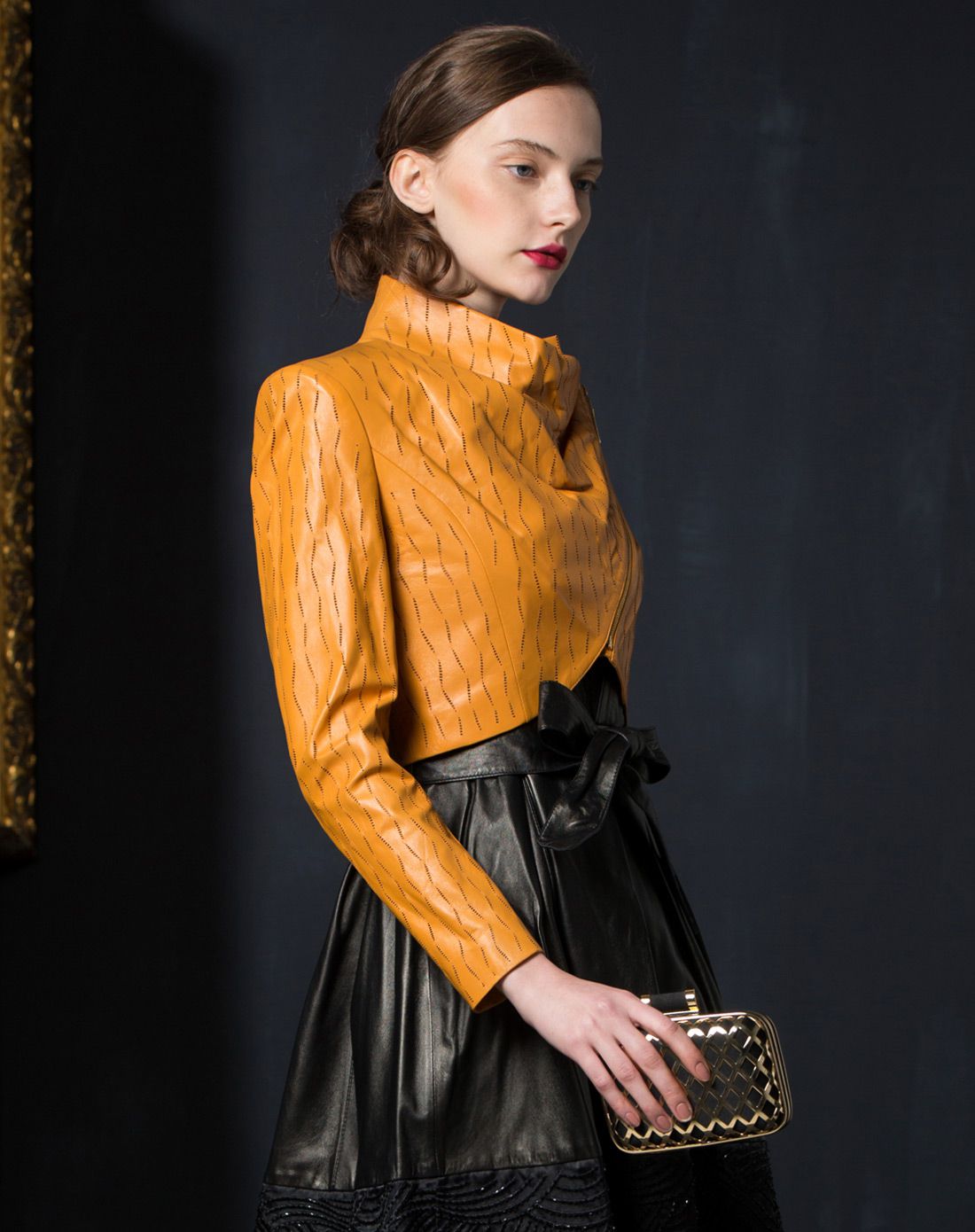 诗易茜scfashion皮衣皮草专场桔色时尚翻领长袖皮外套sveh151511-jss