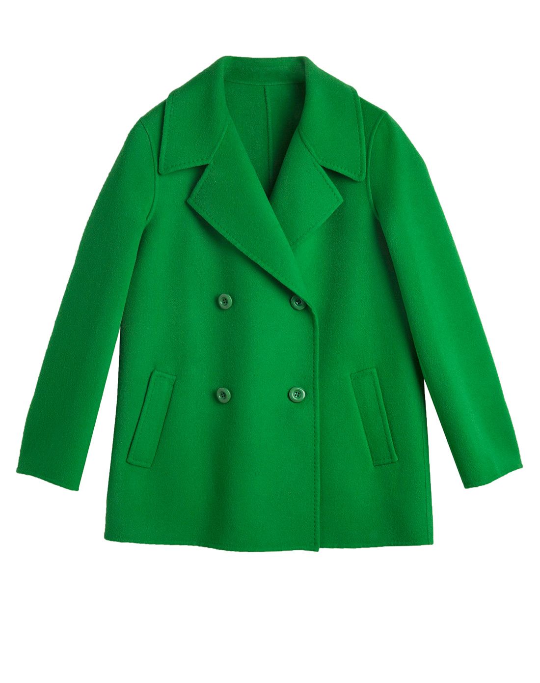 浅绿色短款翻驳领双面呢大衣