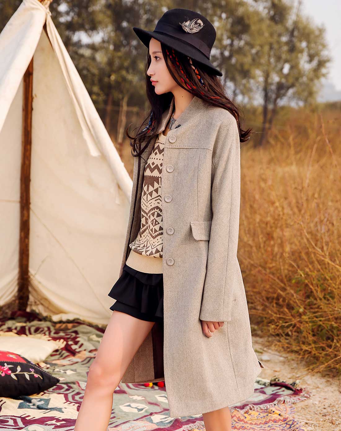 裂帛&莲灿女装裂帛 驼色立领连肩袖长款大衣511514671501_唯品会