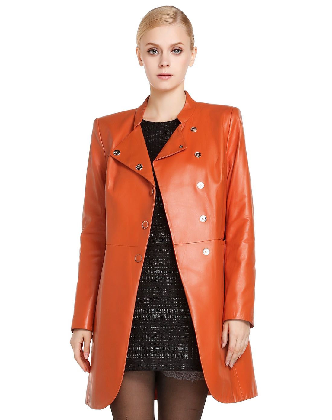 橙色淑女风格长袖皮衣