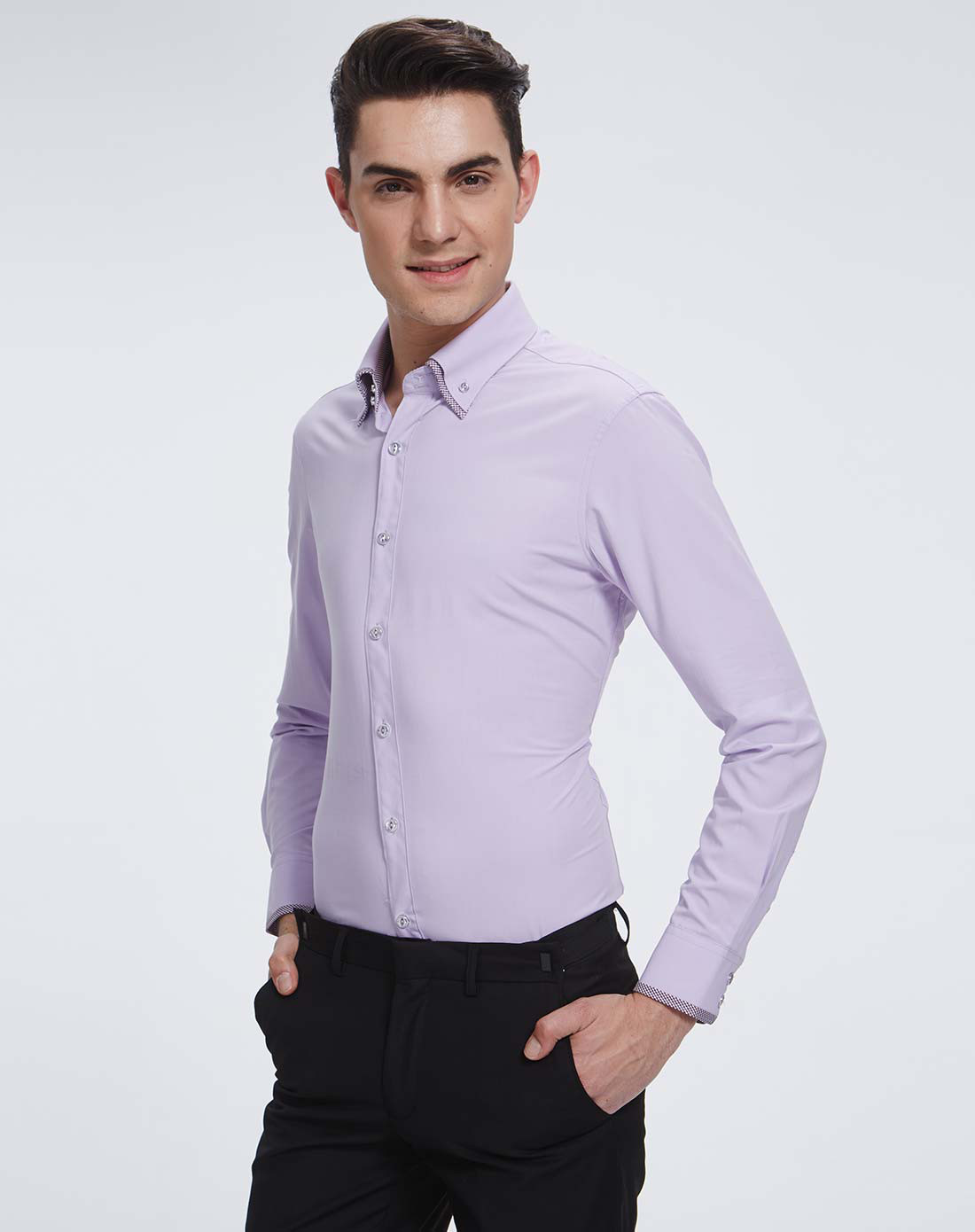 紫色 竹纤维质感双层领长袖衬衫