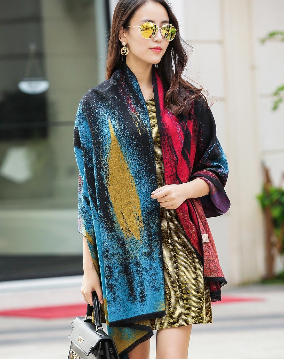 复古秋冬季时尚油画羊绒棉披肩