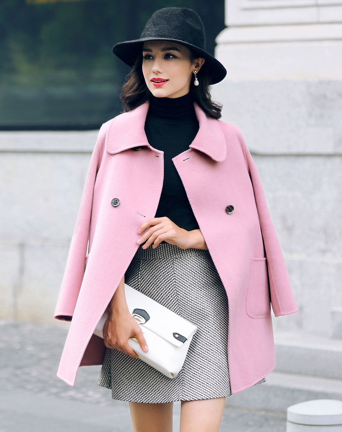 暗粉色复古双排扣长袖长款大衣