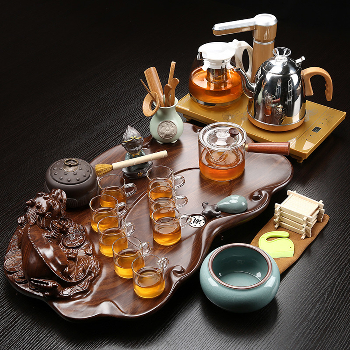 紫砂功夫整套茶具套装陶瓷茶杯玻璃茶壶全自动四合一家用茶盘