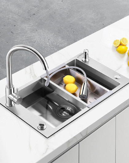 悍高304不锈钢4mm手工水槽单槽厨房大洗菜盆洗碗台控配抽拉龙头洗菜池