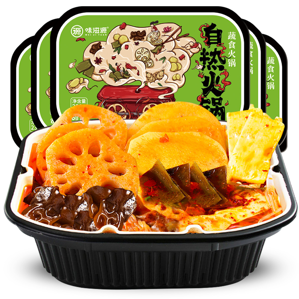 这款味滋源的自热小火锅,是全素的小火锅,每盒净含量230g,里面包含