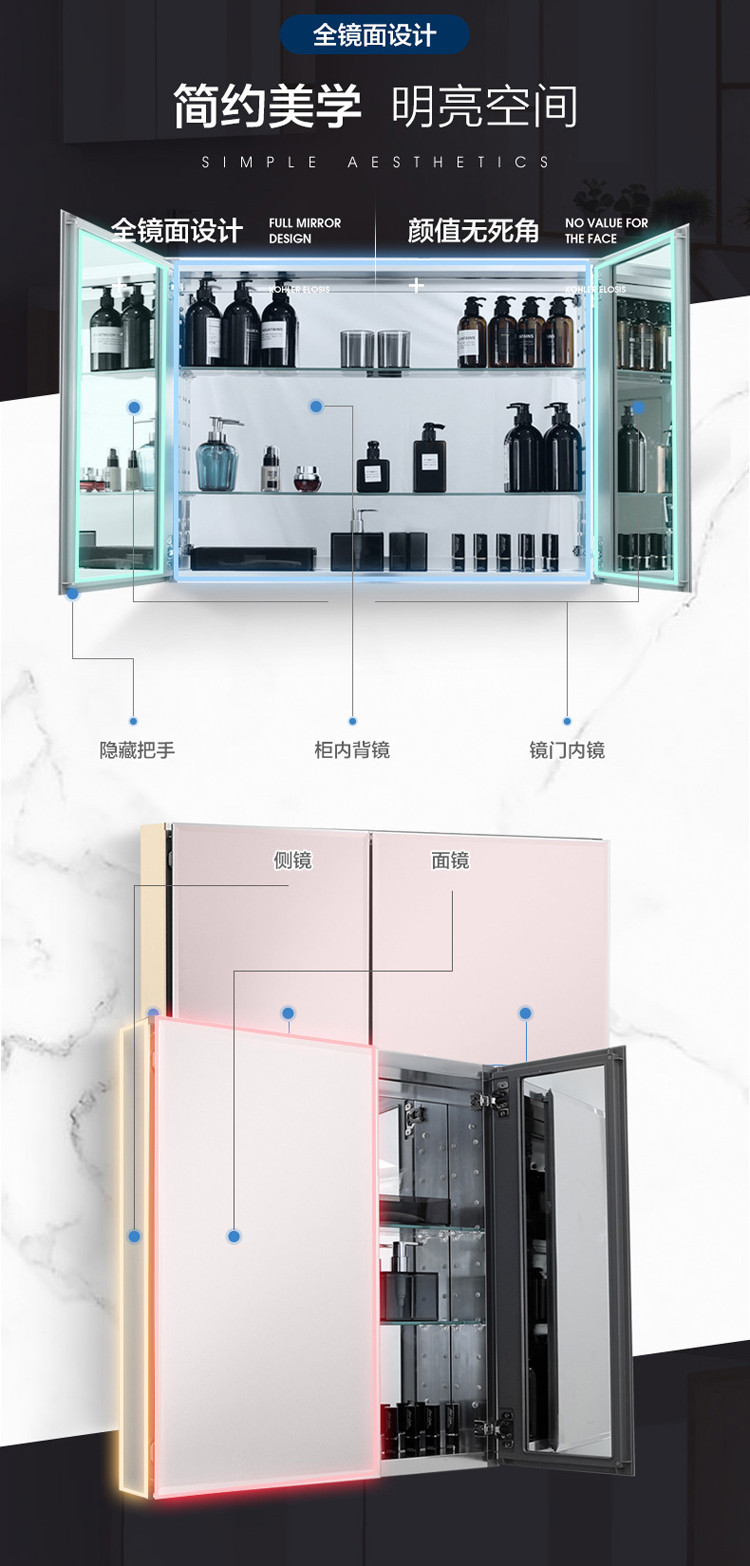 科勒镜柜艾洛诗浴室镜柜挂墙式多尺寸可选24656t