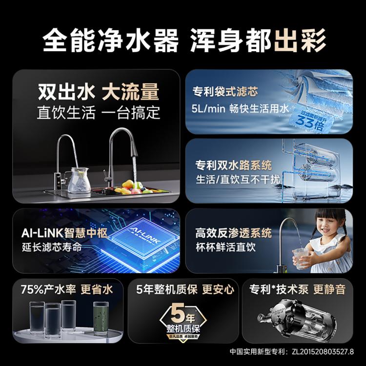 A.O.SMITH 【超级新品】史密斯双出水净水器家用直饮双水路5升/分钟超大流量