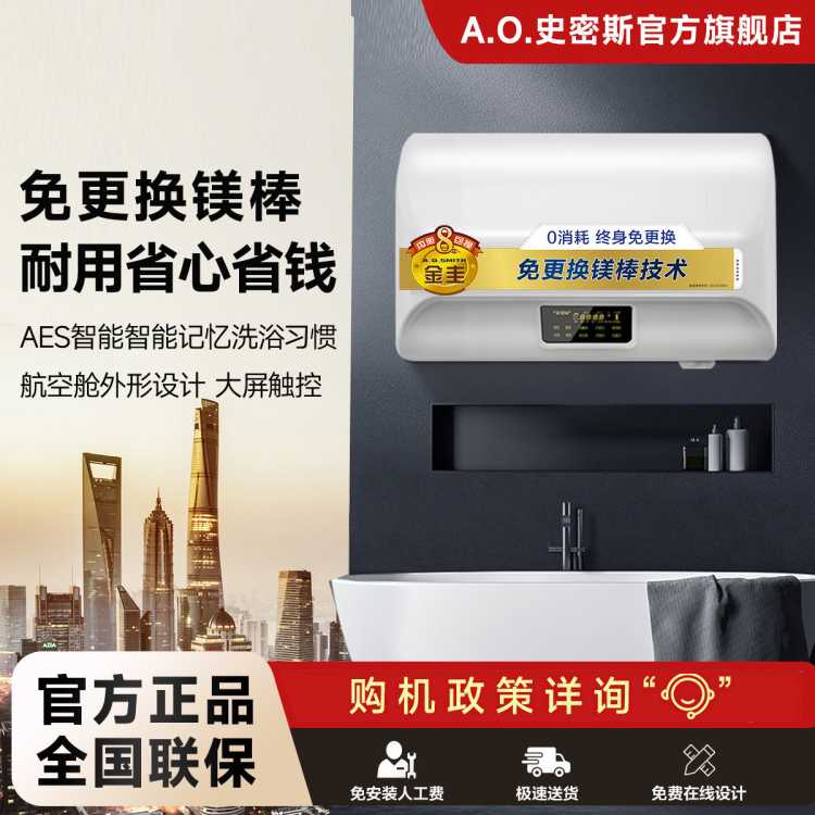 A.O.SMITH 史密斯电热水器家用洗澡60升80升EDX 支持半隐藏安装 遥控