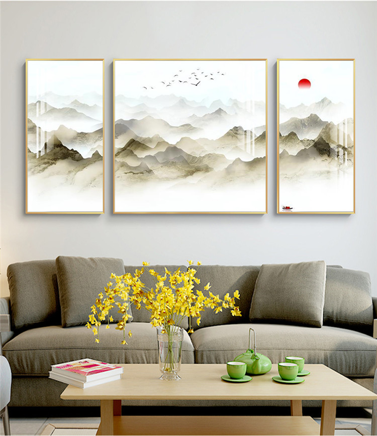 新中式客厅装饰画轻奢三联画现代山水画沙发背景墙壁画晶瓷画挂画