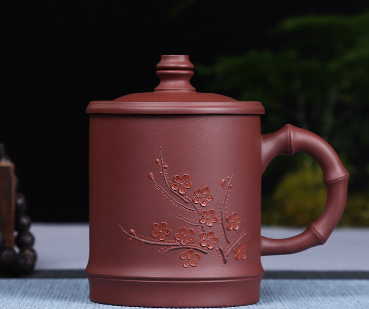 紫泥泥绘贴花红梅竹节紫砂杯400ml 宜兴原矿手工紫砂壶茶杯泡茶杯子