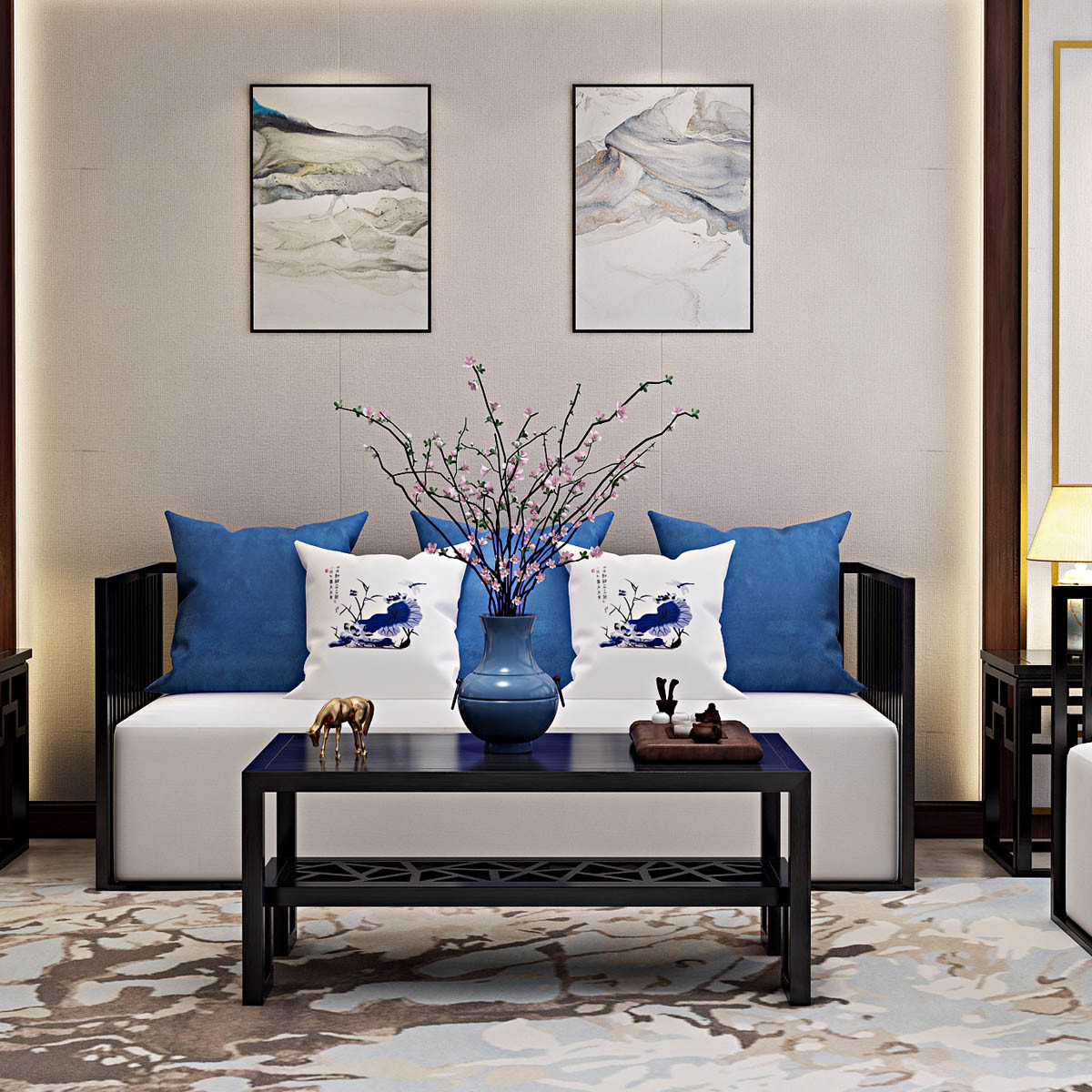 新中式沙发实木禅意沙发现代客厅简约白蜡木布艺沙发组合样板房酒店