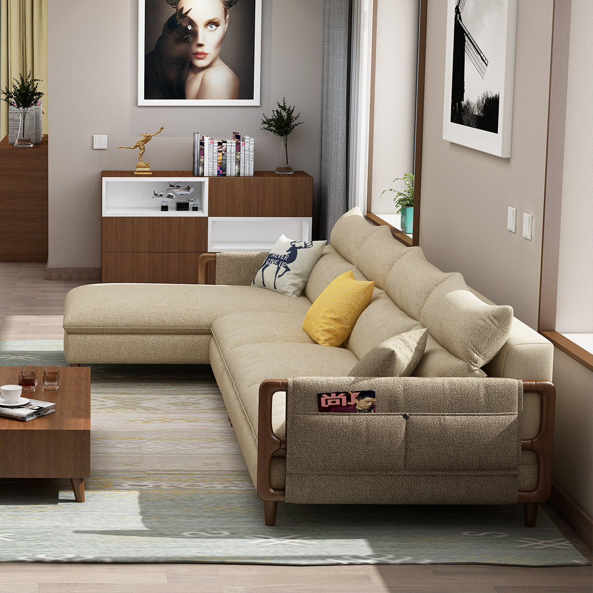 北欧实木布艺沙发 白蜡木组合简约现代小户型客厅整装转角贵妃家具sf