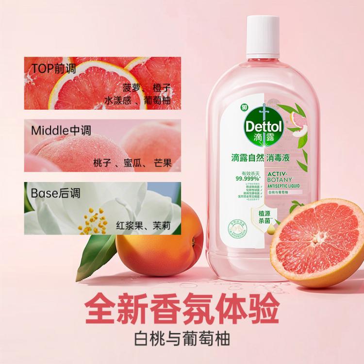 Dettol 【衣物杀菌留香】滴露自然消毒液 白桃与葡萄柚香氛1L*2+湿巾10片