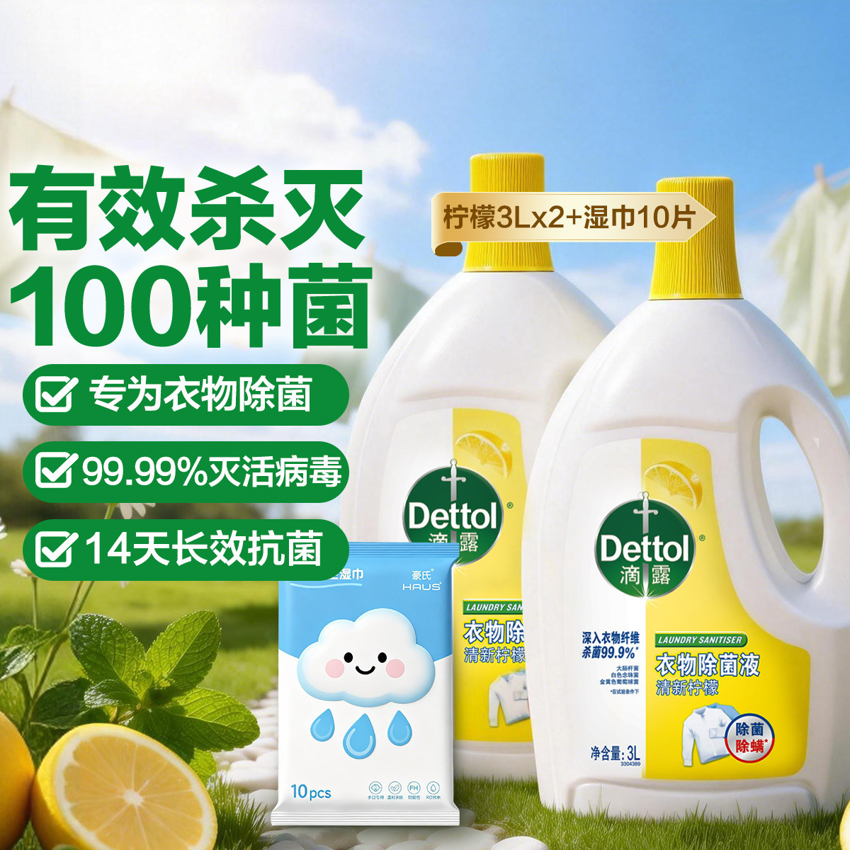 Dettol 【杀菌100种】滴露衣物除菌液3L*2+湿巾10片 衣物消毒去霉味