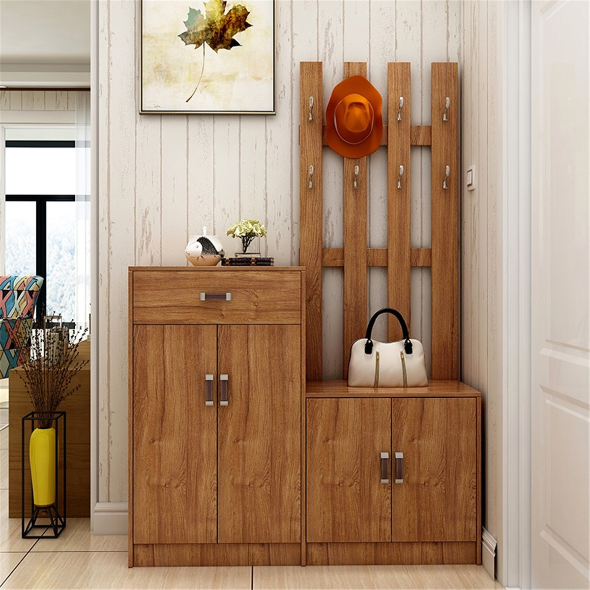 进门鞋柜挂衣架一体带镜子衣帽柜组合门厅柜多功能客厅玄关隔断柜