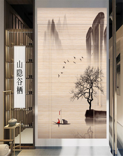 竹帘窗帘卷帘中式复古禅意喷绘水墨山水风景画隔断帘