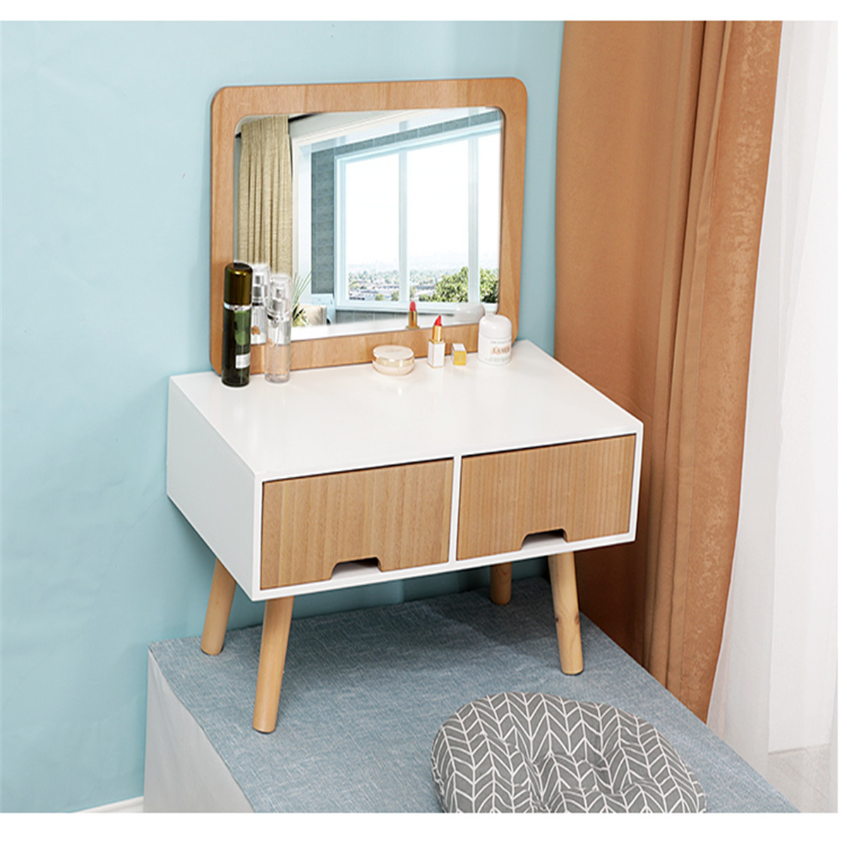 北欧化妆台飘窗化妆柜化妆镜小户型梳妆台简易翻盖化妆桌台式欧式