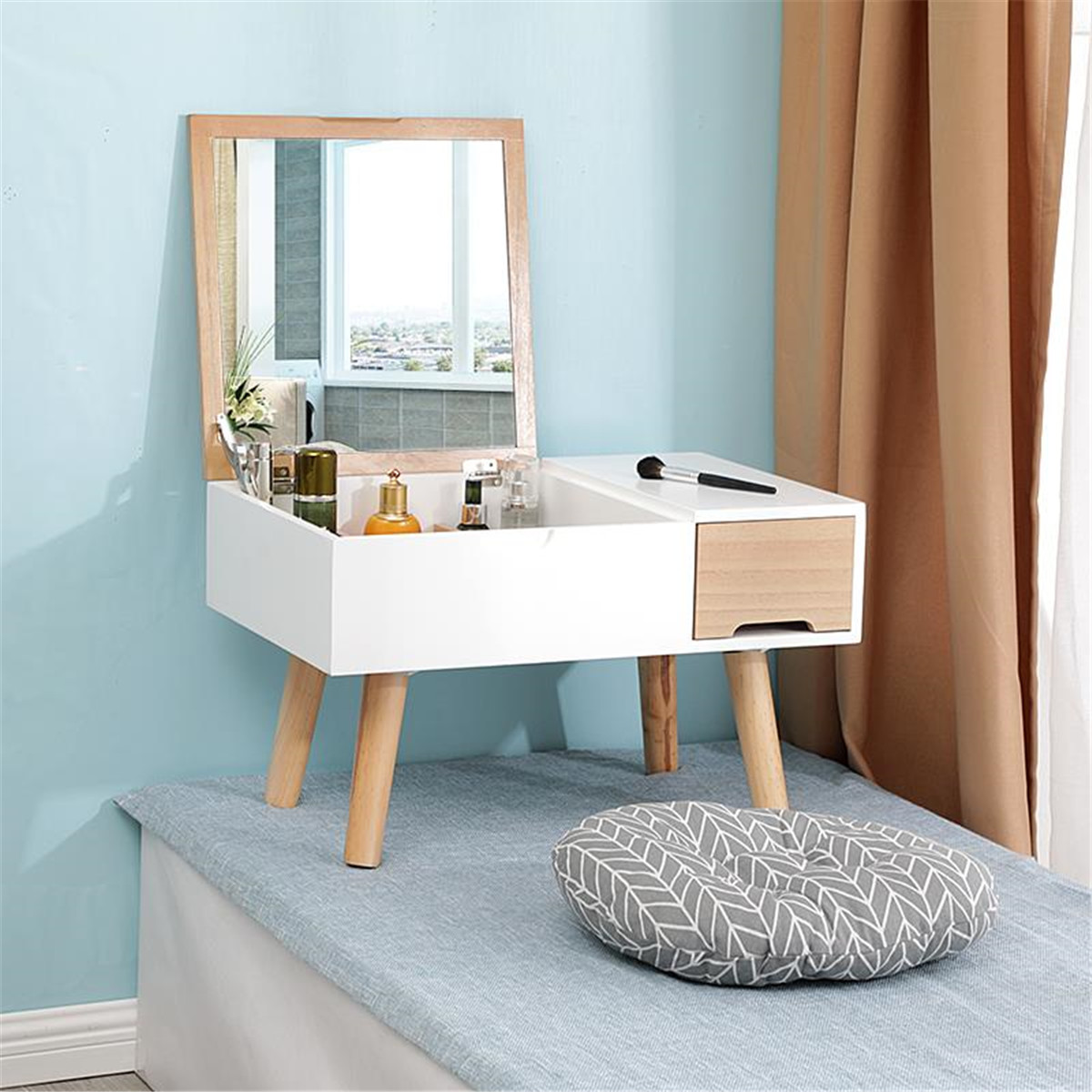 北欧化妆台飘窗化妆柜化妆镜小户型梳妆台简易翻盖化妆桌台式欧式