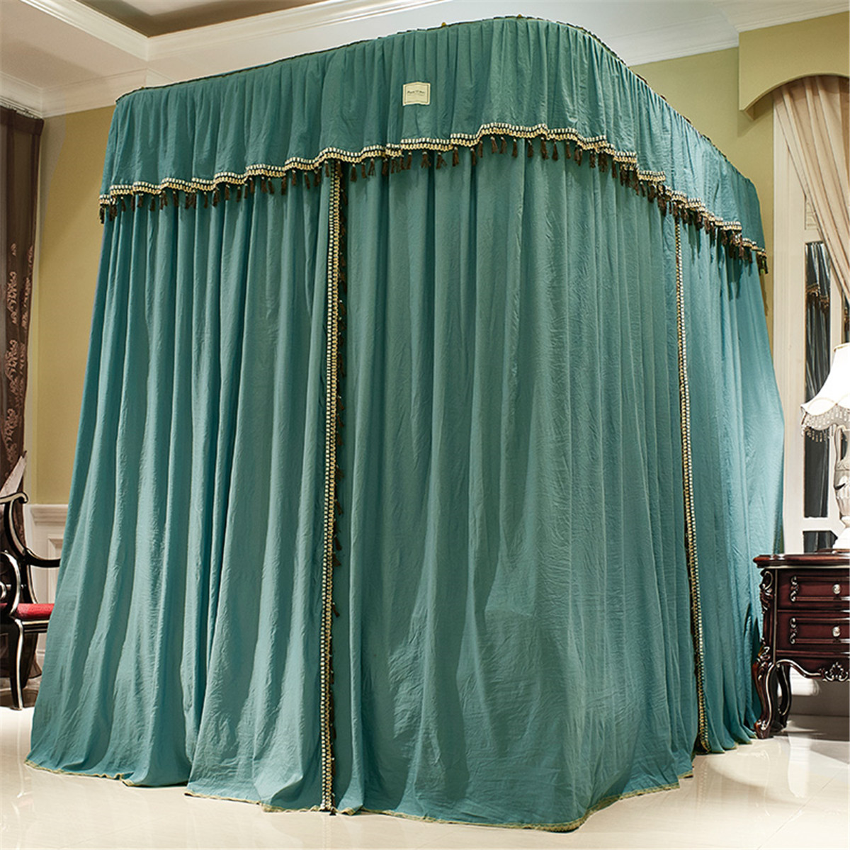 保暖冬季拉伸蚊帐防风加厚u型轨道导轨拉幕式床帘双人家用公主风床幔