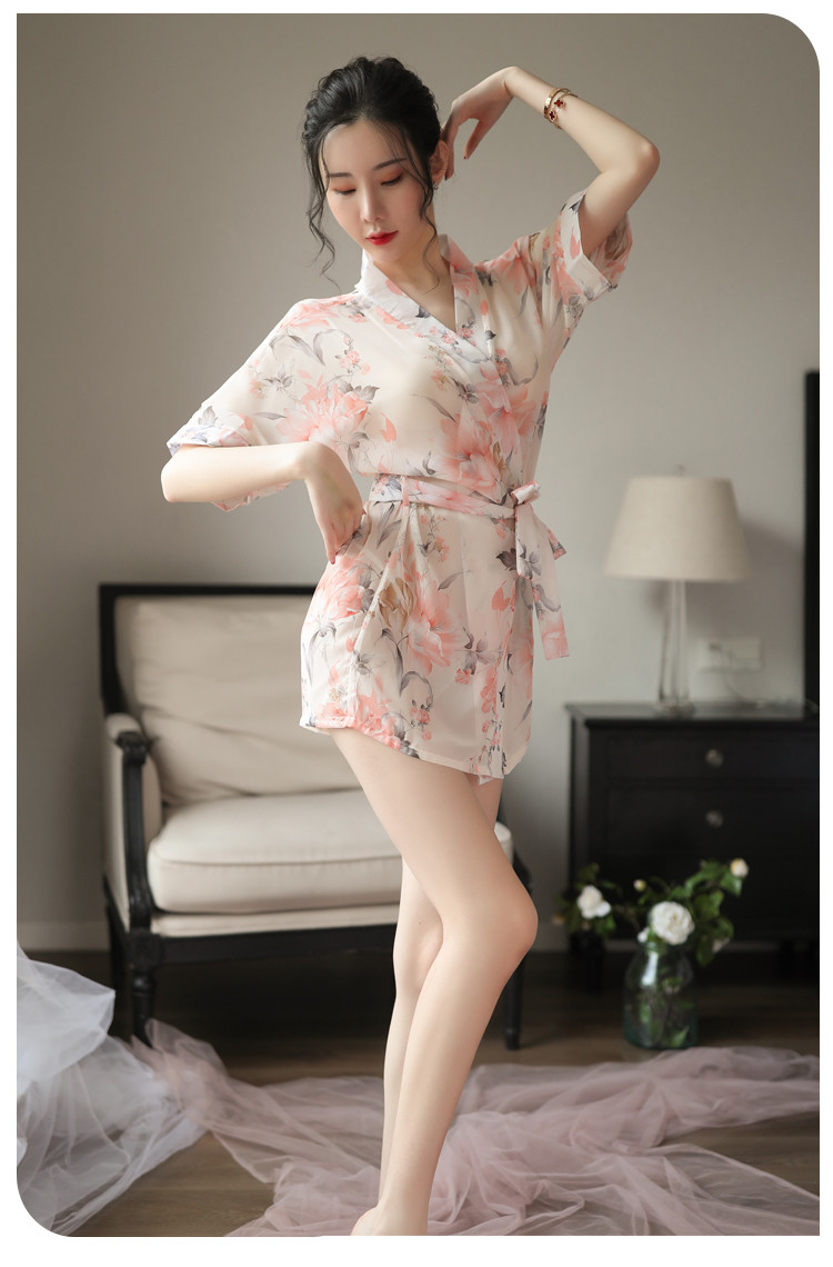 清仓 性感妩媚碎花日式深v开襟透视印花系带浴袍睡衣女士家居服