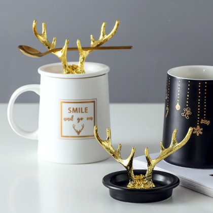 乾越情侣马克杯陶瓷带盖牛奶杯可爱鹿角水杯情侣礼品color鹿角杯-黑色