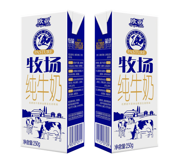 (日期新鲜)欧亚牧场全脂纯牛奶250g*12盒*2箱礼盒装