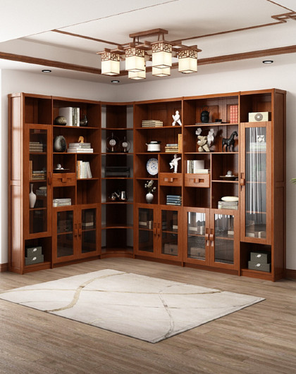 新中式全实木转角书柜自由组合书架书房家具可定制