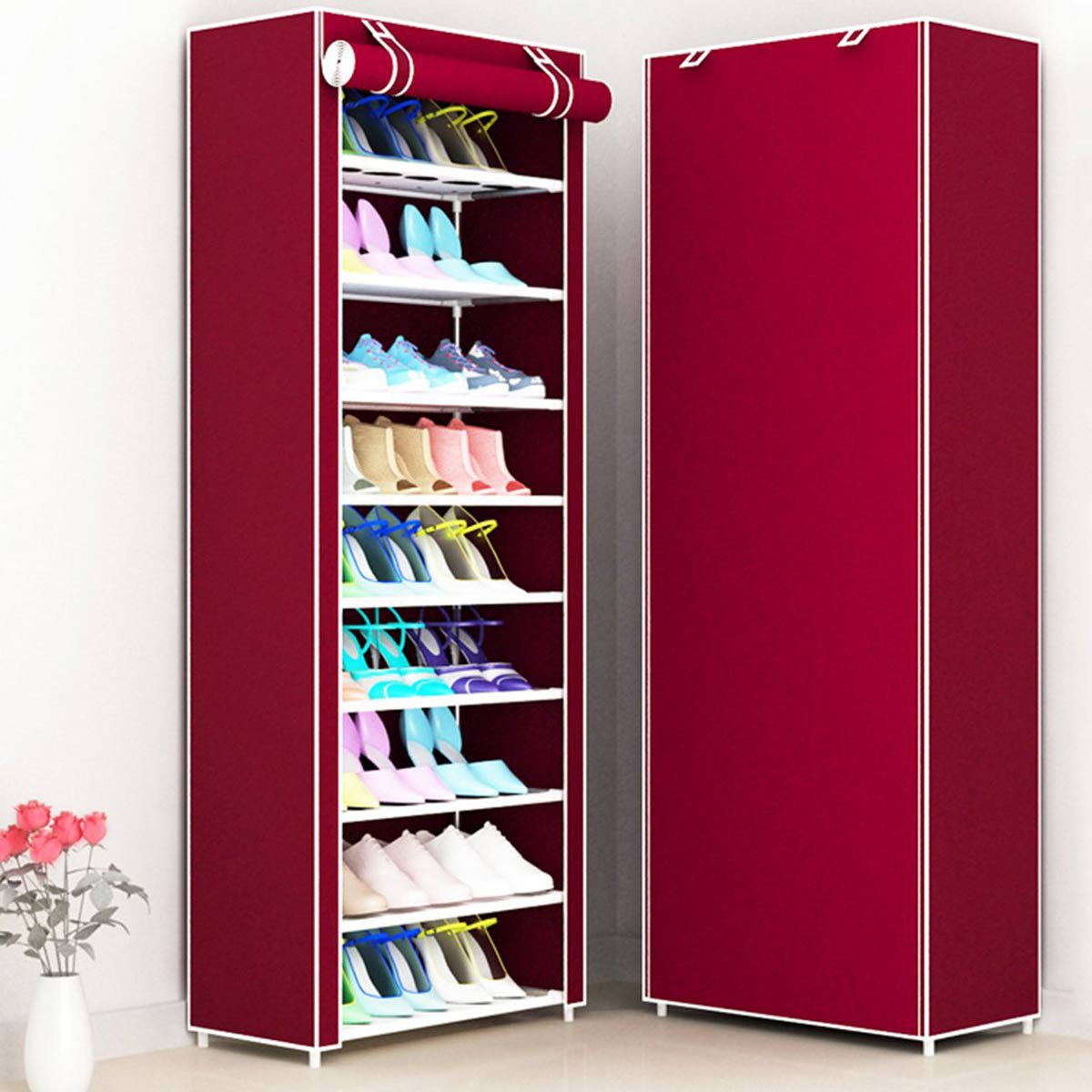 鞋架防尘收纳柜10层9格鞋柜家用玄关鞋子储物柜color酒红色_唯品会