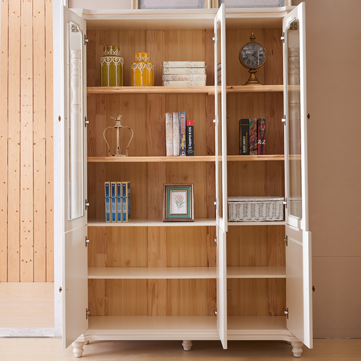 美式简约书柜实木储物柜书房家具橡胶木书架带玻璃门两/三门书柜