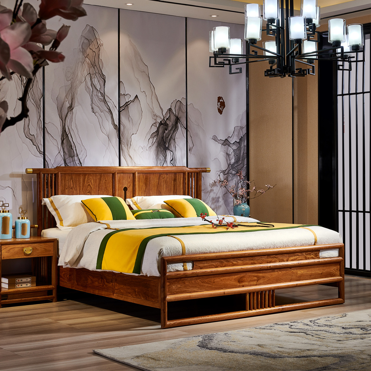 床 新中式双人床婚床18米刺猬紫檀红木家具仿古卧室原木大床