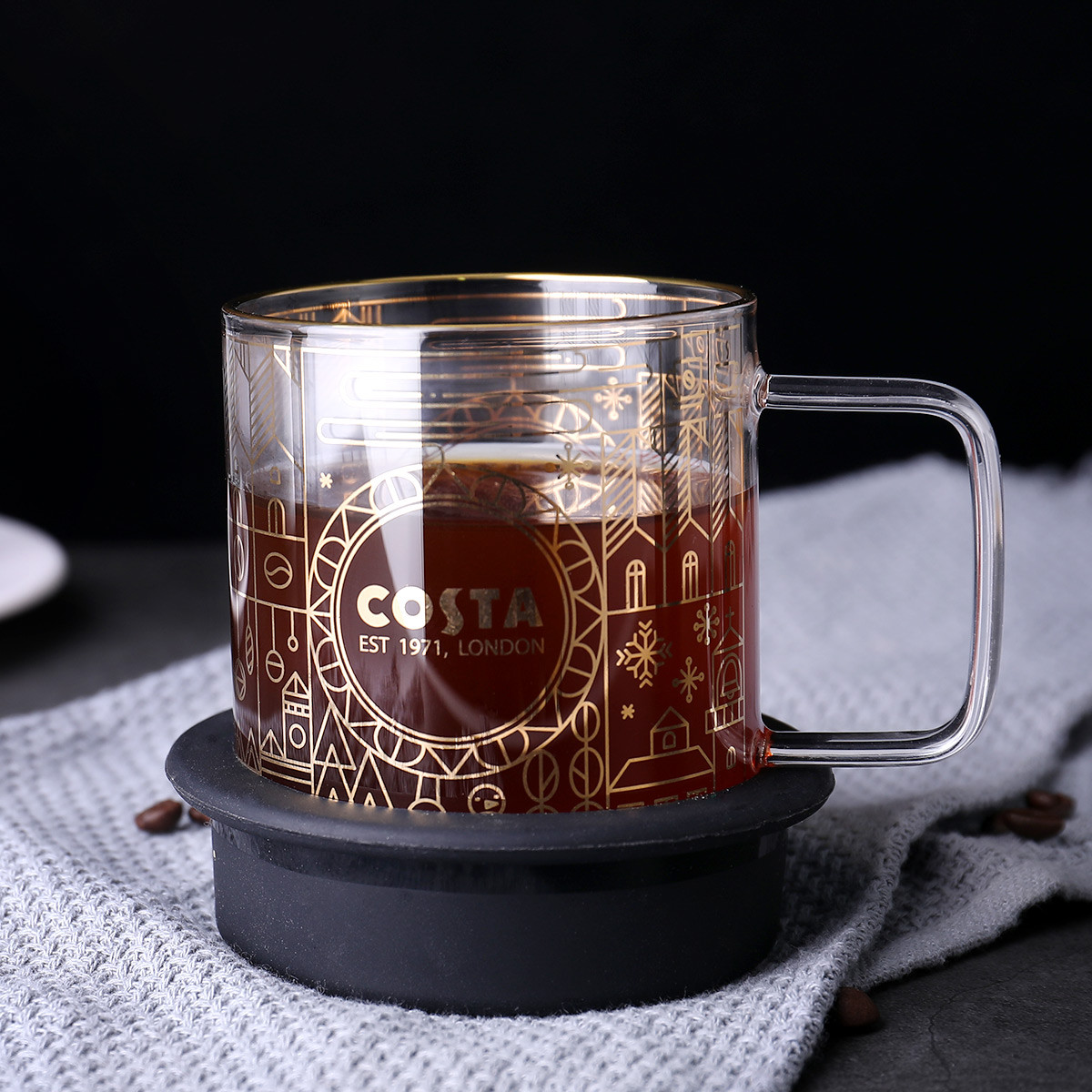 特美刻costa礼品款带硅胶软盖创意烫金耐热带把手玻璃杯400ml