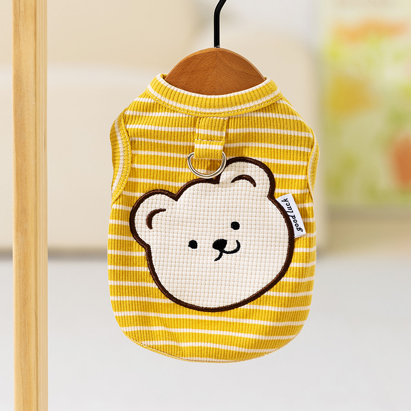 嬉皮狗 春夏新款可爱歪嘴小熊条纹牵引背心小型幼犬比熊泰迪两脚透气衣服