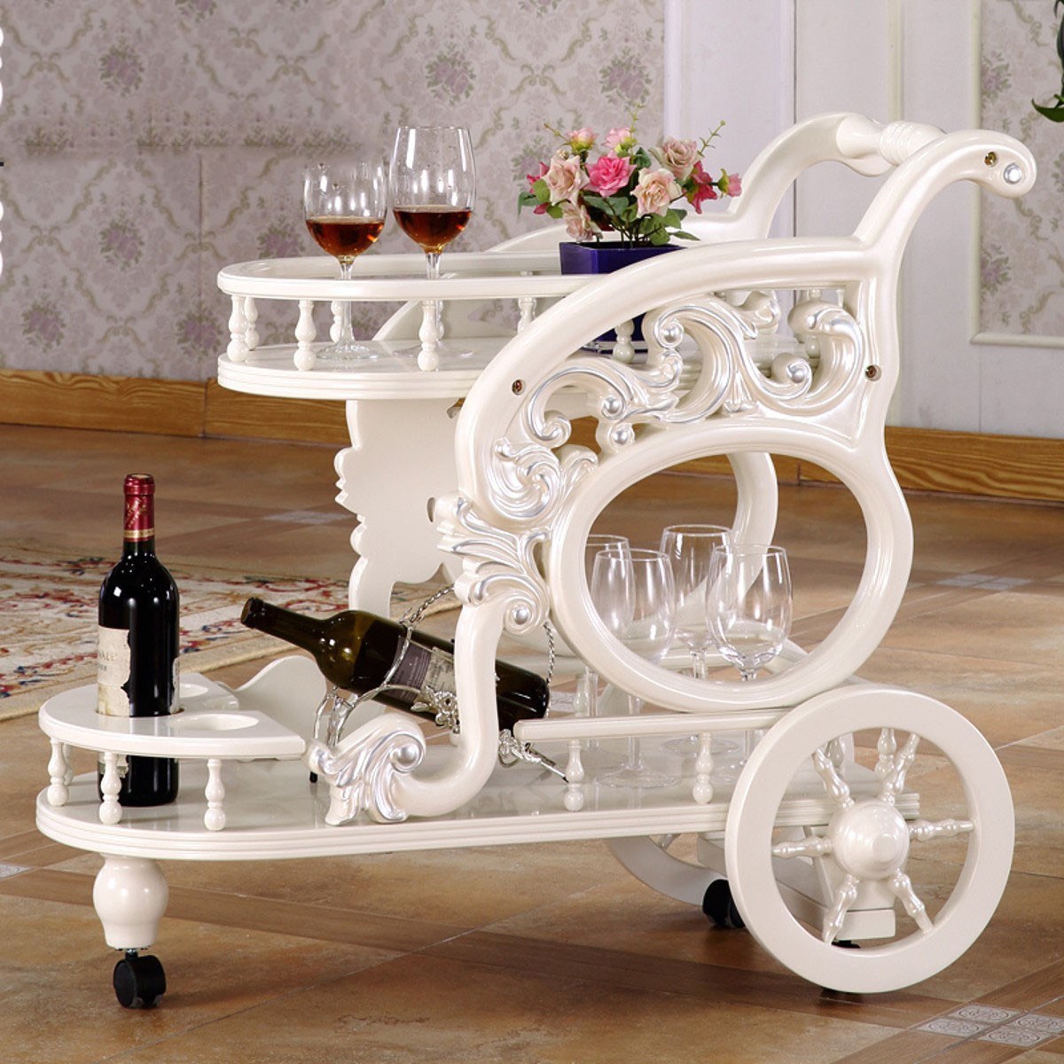 欧式酒水车餐车推车酒店移动置物架餐厅家用雕花双层实木车手推车